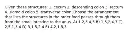 Given these structures: 1. cecum 2. descending colon 3. rectum 4. sigmoid colon 5. transverse colon Choose the arrangement that lists the structures in the order food passes through them from the small intestine to the anus. A) 1,2,3,4,5 B) 1,5,2,4,3 C) 2,5,1,3,4 D) 3,1,5,2,4 E) 4,2,1,5,3