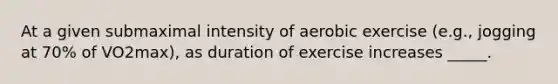 At a given submaximal intensity of aerobic exercise (e.g., jogging at 70% of VO2max), as duration of exercise increases _____.