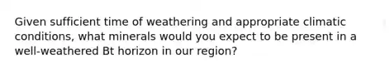 Given sufficient time of weathering and appropriate climatic conditions, what minerals would you expect to be present in a well-weathered Bt horizon in our region?