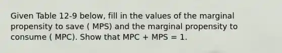 Given Table 12-9 below, fill in the values of the marginal propensity to save ( MPS) and the marginal propensity to consume ( MPC). Show that MPC + MPS = 1.