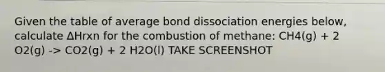 Given the table of average bond dissociation energies below, calculate ∆Hrxn for the combustion of methane: CH4(g) + 2 O2(g) -> CO2(g) + 2 H2O(l) TAKE SCREENSHOT