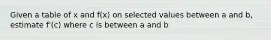 Given a table of x and f(x) on selected values between a and b, estimate f'(c) where c is between a and b