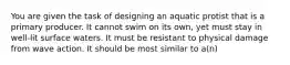 You are given the task of designing an aquatic protist that is a primary producer. It cannot swim on its own, yet must stay in well-lit surface waters. It must be resistant to physical damage from wave action. It should be most similar to a(n)