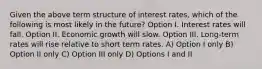 Given the above term structure of interest rates, which of the following is most likely in the future? Option I. Interest rates will fall. Option II. Economic growth will slow. Option III. Long-term rates will rise relative to short term rates. A) Option I only B) Option II only C) Option III only D) Options I and II