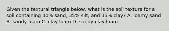 Given the textural triangle below, what is the soil texture for a soil containing 30% sand, 35% silt, and 35% clay? A. loamy sand B. sandy loam C. clay loam D. sandy clay loam