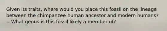 Given its traits, where would you place this fossil on the lineage between the chimpanzee-human ancestor and modern humans? -- What genus is this fossil likely a member of?