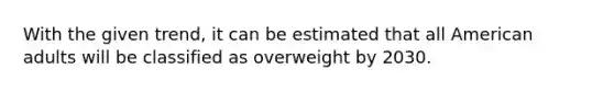 With the given trend, it can be estimated that all American adults will be classified as overweight by 2030.