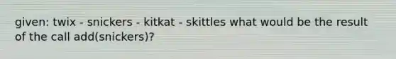 given: twix - snickers - kitkat - skittles what would be the result of the call add(snickers)?