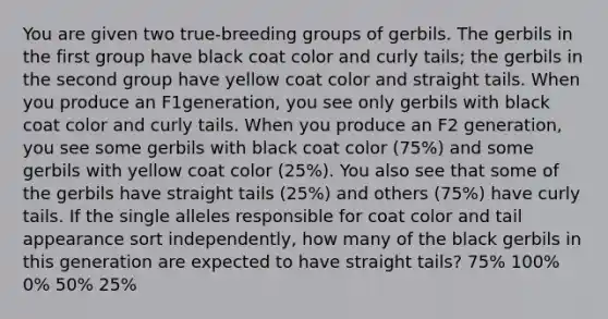 You are given two true-breeding groups of gerbils. The gerbils in the first group have black coat color and curly tails; the gerbils in the second group have yellow coat color and straight tails. When you produce an F1generation, you see only gerbils with black coat color and curly tails. When you produce an F2 generation, you see some gerbils with black coat color (75%) and some gerbils with yellow coat color (25%). You also see that some of the gerbils have straight tails (25%) and others (75%) have curly tails. If the single alleles responsible for coat color and tail appearance sort independently, how many of the black gerbils in this generation are expected to have straight tails? 75% 100% 0% 50% 25%