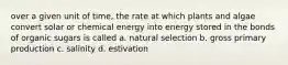 over a given unit of time, the rate at which plants and algae convert solar or chemical energy into energy stored in the bonds of organic sugars is called a. natural selection b. gross primary production c. salinity d. estivation