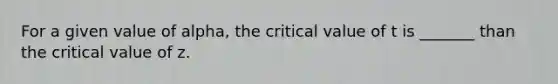 For a given value of alpha, the critical value of t is _______ than the critical value of z.