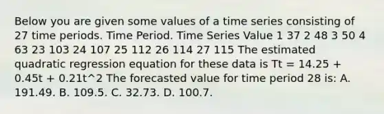 Below you are given some values of a time series consisting of 27 time periods. Time Period. Time Series Value 1 37 2 48 3 50 4 63 23 103 24 107 25 112 26 114 27 115 The estimated quadratic regression equation for these data is Tt = 14.25 + 0.45t + 0.21t^2 The forecasted value for time period 28 is: A. 191.49. B. 109.5. C. 32.73. D. 100.7.