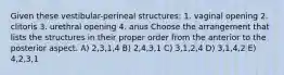 Given these vestibular-perineal structures: 1. vaginal opening 2. clitoris 3. urethral opening 4. anus Choose the arrangement that lists the structures in their proper order from the anterior to the posterior aspect. A) 2,3,1,4 B) 2,4,3,1 C) 3,1,2,4 D) 3,1,4,2 E) 4,2,3,1