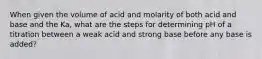 When given the volume of acid and molarity of both acid and base and the Ka, what are the steps for determining pH of a titration between a weak acid and strong base before any base is added?