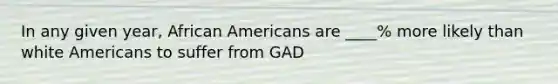 In any given year, African Americans are ____% more likely than white Americans to suffer from GAD