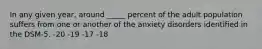 In any given year, around _____ percent of the adult population suffers from one or another of the anxiety disorders identified in the DSM-5. -20 -19 -17 -18