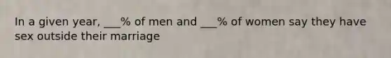 In a given year, ___% of men and ___% of women say they have sex outside their marriage