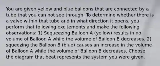 You are given yellow and blue balloons that are connected by a tube that you can not see through. To determine whether there is a valve within that tube and in what direction it opens, you perform that following excitements and make the following observations: 1) Sequeezing Balloon A (yellow) results in no volume of Balloon A while the volume of Balloon B decreases. 2) squeezing the Balloon B (blue) causes an increase in the volume of Balloon A while the volume of Balloon B decreases. Choose the diagram that beat represents the system you were given.