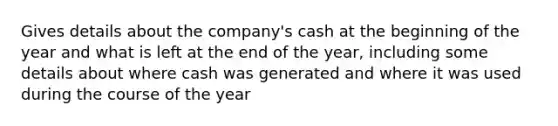 Gives details about the company's cash at the beginning of the year and what is left at the end of the year, including some details about where cash was generated and where it was used during the course of the year