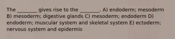 The ________ gives rise to the ________. A) endoderm; mesoderm B) mesoderm; digestive glands C) mesoderm; endoderm D) endoderm; muscular system and skeletal system E) ectoderm; nervous system and epidermis