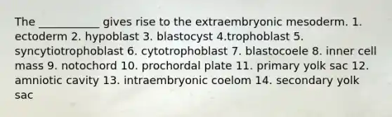 The ___________ gives rise to the extraembryonic mesoderm. 1. ectoderm 2. hypoblast 3. blastocyst 4.trophoblast 5. syncytiotrophoblast 6. cytotrophoblast 7. blastocoele 8. inner cell mass 9. notochord 10. prochordal plate 11. primary yolk sac 12. amniotic cavity 13. intraembryonic coelom 14. secondary yolk sac