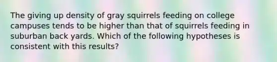 The giving up density of gray squirrels feeding on college campuses tends to be higher than that of squirrels feeding in suburban back yards. Which of the following hypotheses is consistent with this results?