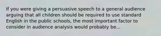 If you were giving a persuasive speech to a general audience arguing that all children should be required to use standard English in the public schools, the most important factor to consider in audience analysis would probably be...