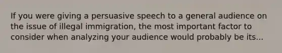 If you were giving a persuasive speech to a general audience on the issue of illegal immigration, the most important factor to consider when analyzing your audience would probably be its...