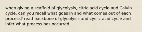 when giving a scaffold of glycolysis, citric acid cycle and Calvin cycle, can you recall what goes in and what comes out of each process? read backbone of glycolysis and cyclic acid cycle and infer what process has occurred