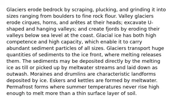 Glaciers erode bedrock by scraping, plucking, and grinding it into sizes ranging from boulders to fine rock flour. Valley glaciers erode cirques, horns, and arêtes at their heads; excavate U-shaped and hanging valleys; and create fjords by eroding their valleys below sea level at the coast. Glacial ice has both high competence and high capacity, which enable it to carry abundant sediment particles of all sizes. Glaciers transport huge quantities of sediments to the ice front, where melting releases them. The sediments may be deposited directly by the melting ice as till or picked up by meltwater streams and laid down as outwash. Moraines and drumlins are characteristic landforms deposited by ice. Eskers and kettles are formed by meltwater. Permafrost forms where summer temperatures never rise high enough to melt <a href='https://www.questionai.com/knowledge/keWHlEPx42-more-than' class='anchor-knowledge'>more than</a> a thin surface layer of soil.