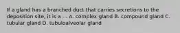 If a gland has a branched duct that carries secretions to the deposition site, it is a ... A. complex gland B. compound gland C. tubular gland D. tubuloalveolar gland