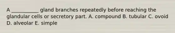 A ___________ gland branches repeatedly before reaching the glandular cells or secretory part. A. compound B. tubular C. ovoid D. alveolar E. simple