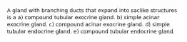 A gland with branching ducts that expand into saclike structures is a a) compound tubular exocrine gland. b) simple acinar exocrine gland. c) compound acinar exocrine gland. d) simple tubular endocrine gland. e) compound tubular endocrine gland.