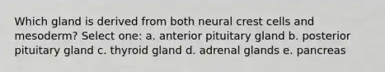 Which gland is derived from both neural crest cells and mesoderm? Select one: a. anterior pituitary gland b. posterior pituitary gland c. thyroid gland d. adrenal glands e. pancreas