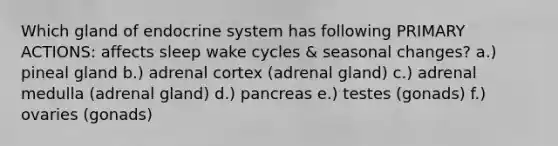 Which gland of endocrine system has following PRIMARY ACTIONS: affects sleep wake cycles & seasonal changes? a.) pineal gland b.) adrenal cortex (adrenal gland) c.) adrenal medulla (adrenal gland) d.) pancreas e.) testes (gonads) f.) ovaries (gonads)