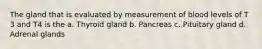 The gland that is evaluated by measurement of blood levels of T 3 and T4 is the a. Thyroid gland b. Pancreas c. Pituitary gland d. Adrenal glands