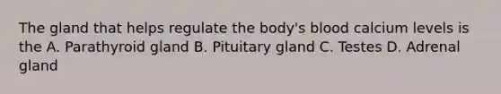 The gland that helps regulate the body's blood calcium levels is the A. Parathyroid gland B. Pituitary gland C. Testes D. Adrenal gland