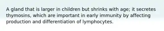 A gland that is larger in children but shrinks with age; it secretes thymosins, which are important in early immunity by affecting production and differentiation of lymphocytes.