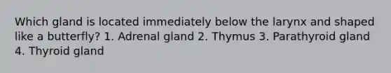 Which gland is located immediately below the larynx and shaped like a butterfly? 1. Adrenal gland 2. Thymus 3. Parathyroid gland 4. Thyroid gland