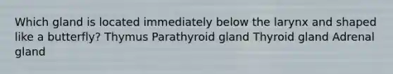 Which gland is located immediately below the larynx and shaped like a butterfly? Thymus Parathyroid gland Thyroid gland Adrenal gland