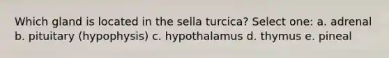 Which gland is located in the sella turcica? Select one: a. adrenal b. pituitary (hypophysis) c. hypothalamus d. thymus e. pineal