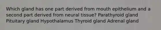 Which gland has one part derived from mouth epithelium and a second part derived from neural tissue? Parathyroid gland Pituitary gland Hypothalamus Thyroid gland Adrenal gland