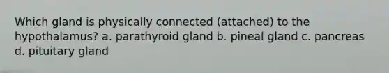 Which gland is physically connected (attached) to the hypothalamus? a. parathyroid gland b. pineal gland c. pancreas d. pituitary gland