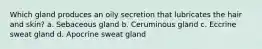 Which gland produces an oily secretion that lubricates the hair and skin? a. Sebaceous gland b. Ceruminous gland c. Eccrine sweat gland d. Apocrine sweat gland