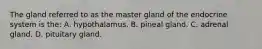 The gland referred to as the master gland of the endocrine system is the: A. hypothalamus. B. pineal gland. C. adrenal gland. D. pituitary gland.