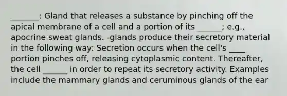 _______: Gland that releases a substance by pinching off the apical membrane of a cell and a portion of its ______; e.g., apocrine sweat glands. -glands produce their secretory material in the following way: Secretion occurs when the cell's ____ portion pinches off, releasing cytoplasmic content. Thereafter, the cell ______ in order to repeat its secretory activity. Examples include the mammary glands and ceruminous glands of the ear