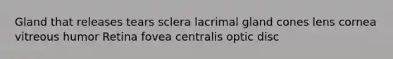 Gland that releases tears sclera lacrimal gland cones lens cornea vitreous humor Retina fovea centralis optic disc