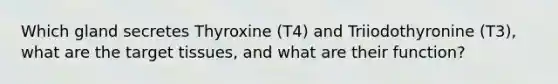 Which gland secretes Thyroxine (T4) and Triiodothyronine (T3), what are the target tissues, and what are their function?