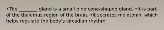 •The ________ gland is a small pine cone-shaped gland. •It is part of the thalamus region of the brain. •It secretes melatonin, which helps regulate the body's circadian rhythm.