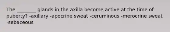 The ________ glands in the axilla become active at the time of puberty? -axillary -apocrine sweat -ceruminous -merocrine sweat -sebaceous